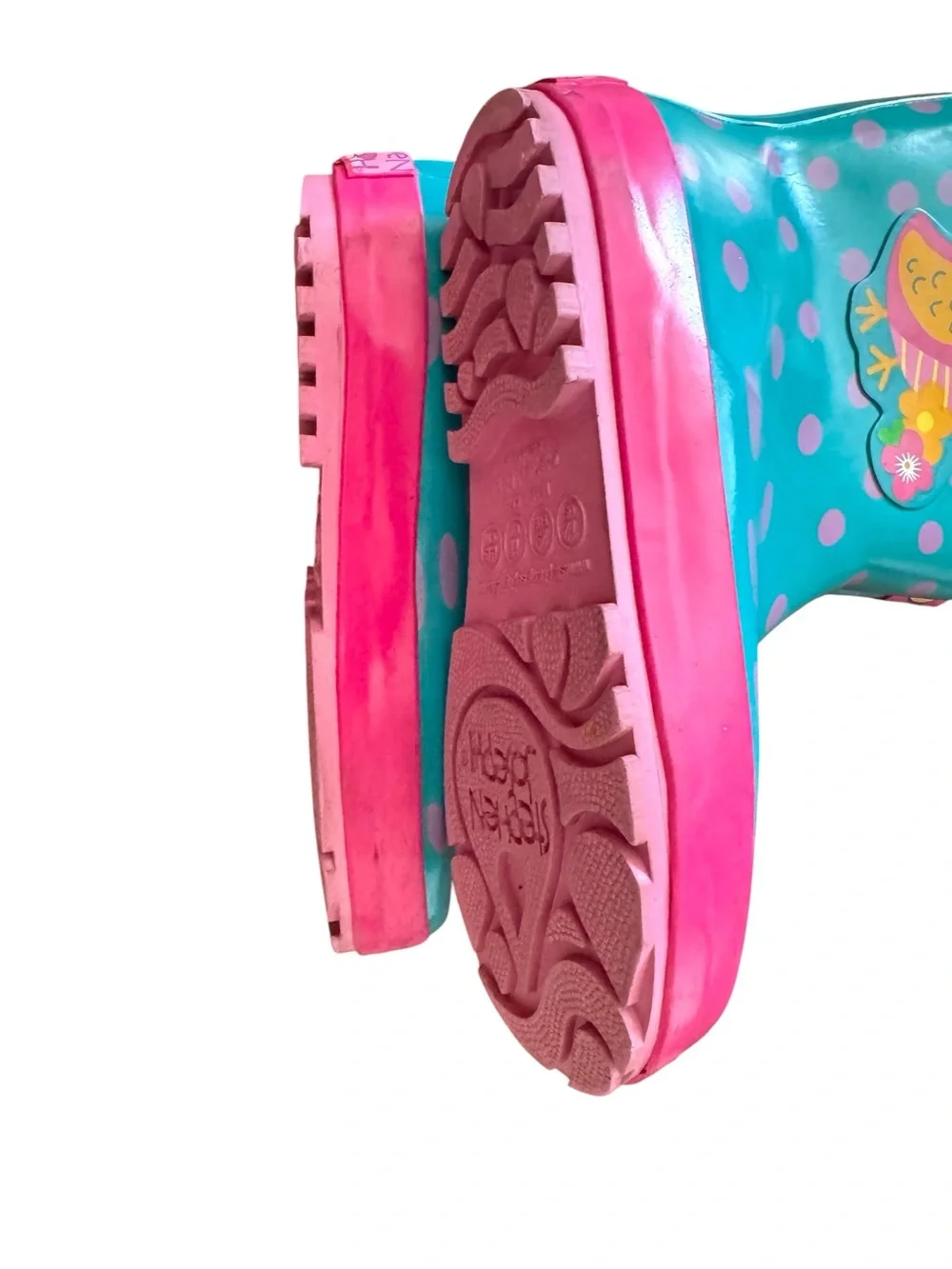 Stephen Joseph Kids Teal Pink Polka Dot Rain Boots with Owl Flowers Childs 12